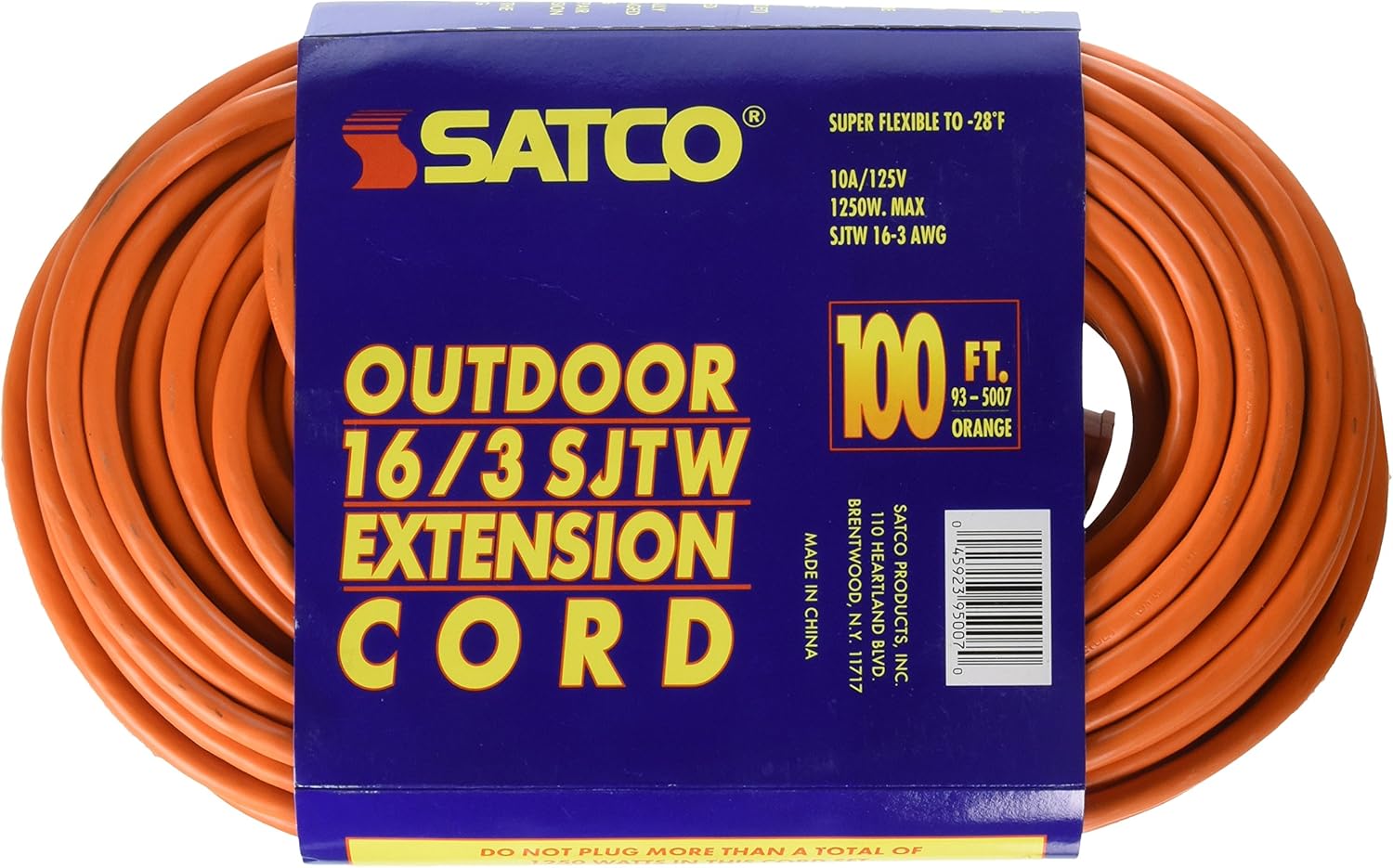 Satco Products 93/5007 16/3 Gauge SJTW-3 Outdoor Extension Cord with Sleeve, Orange, 100-Foot