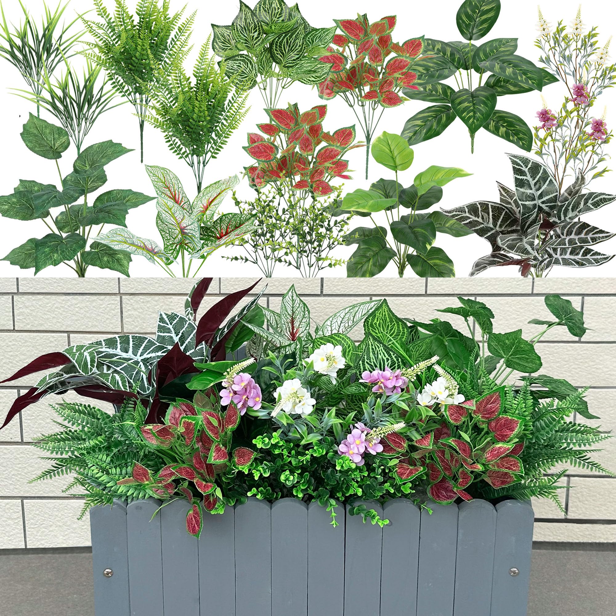 Photo 1 of 20Pcs Artificial Plants Outdoor Fake Greenery & Flowers Faux Plastic Bushes Leaves UV Resistant for Outdoor Planters Porch Garden Patio Front Porch Window Box Farmhouse Wedding Decor