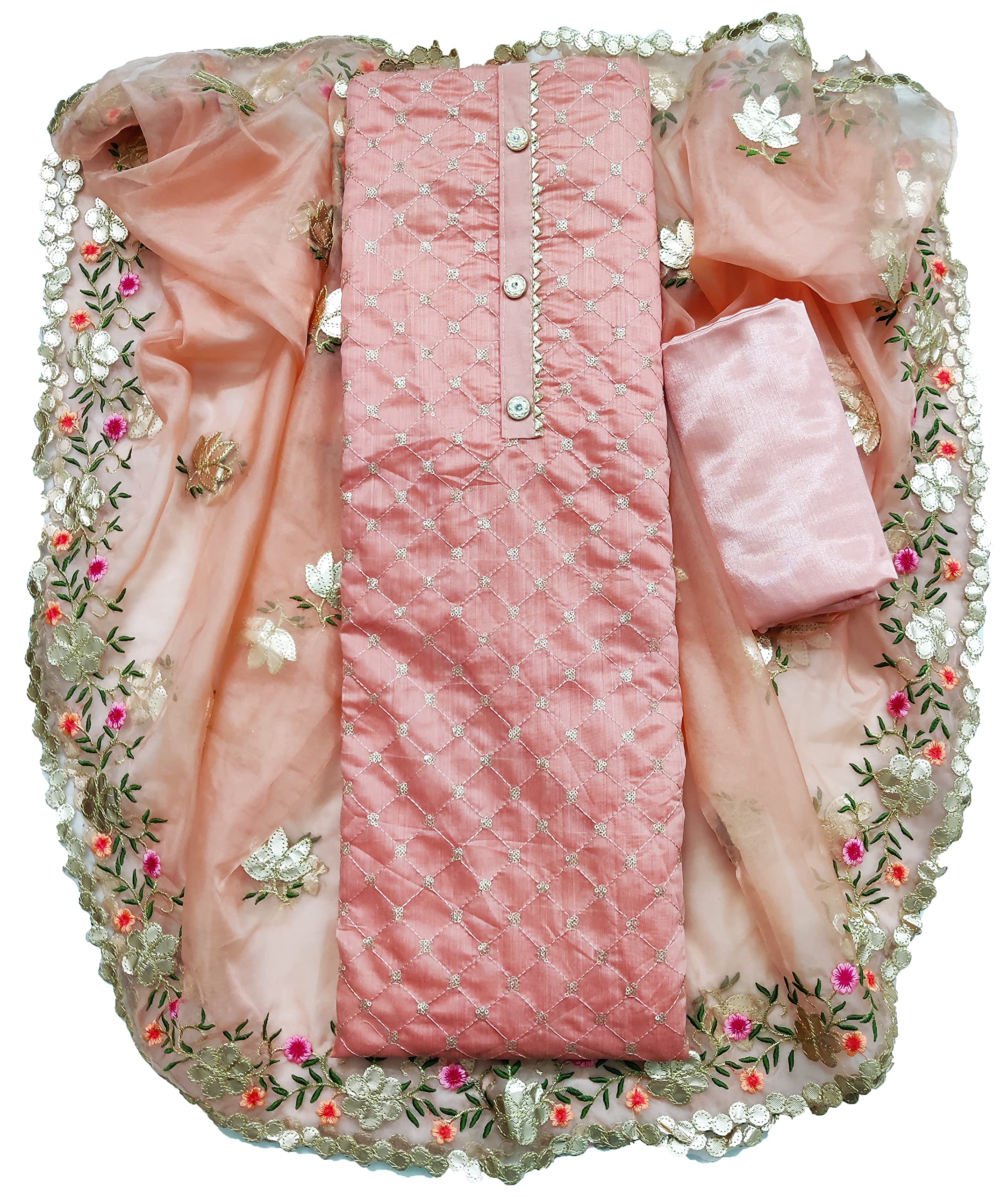 AAHIRA Women's Chanderi Cotton Unstitched Salwar Suit Dress Material With Sequence Work And Organza Dupatta(Free Size), Peach, Free Size