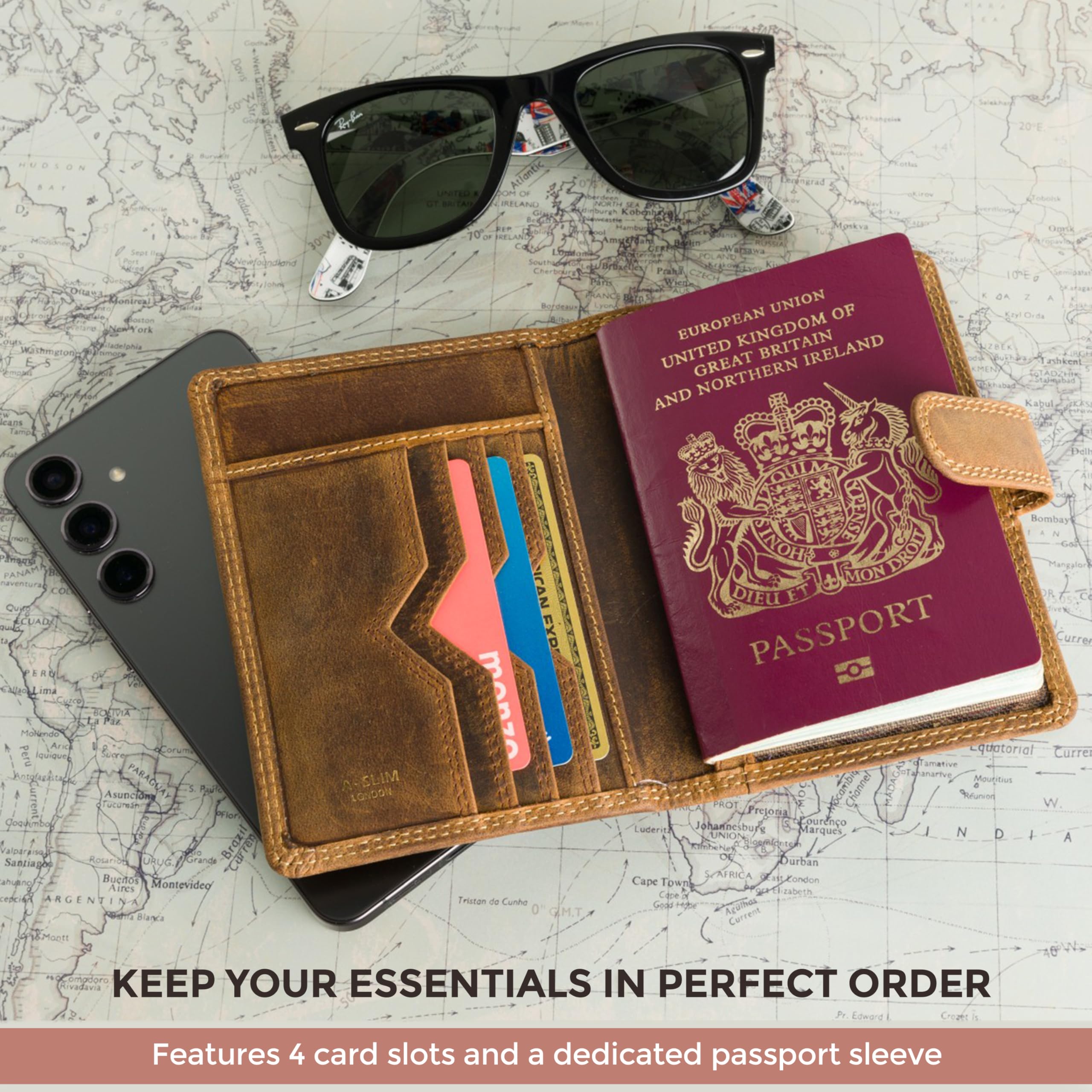 A-SLIM Gokaku Porta passaporto e portafoglio da viaggio in pelle | Organizer per accessori da viaggio per passaporto, biglietti, carta d'imbarco, carte, contanti | Pelle di mucca pieno fiore di alta