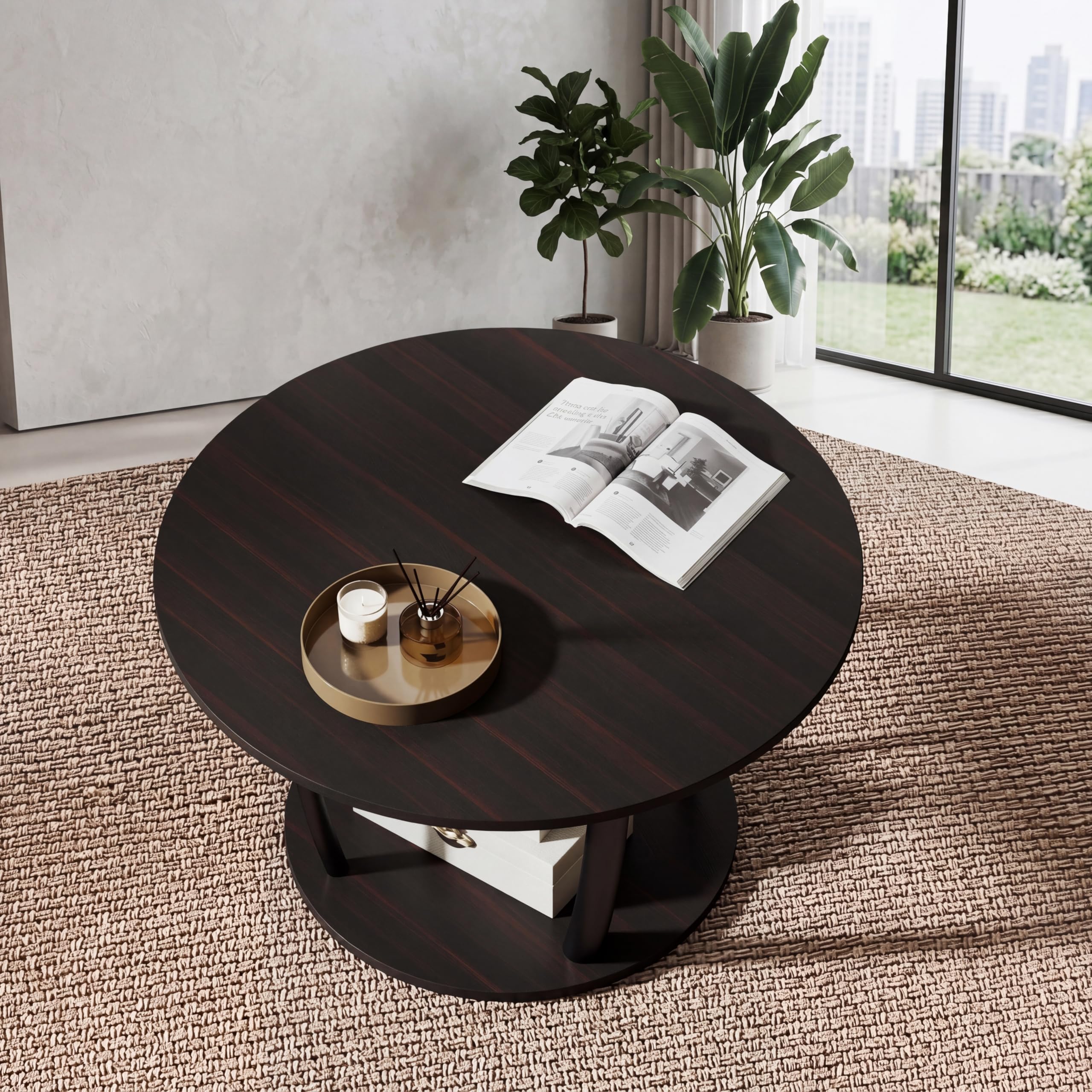 Manora Table Basse Ronde 2 Niveaux, Table Basse en Bois 73 x 42 x 50 cm, Cadre Métal, Table Ronde en Bois Style Industriel pour Salon et Canapé, Résistante à l'eau et aux Rayures (Marron Foncé)