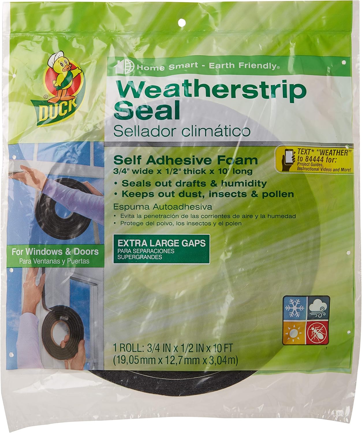 Duck Brand Self Adhesive Foam Weatherstrip Seal for Extra Large Gaps, 3/4-In x 1/2-In x 10-Ft, 1 Roll, 284426