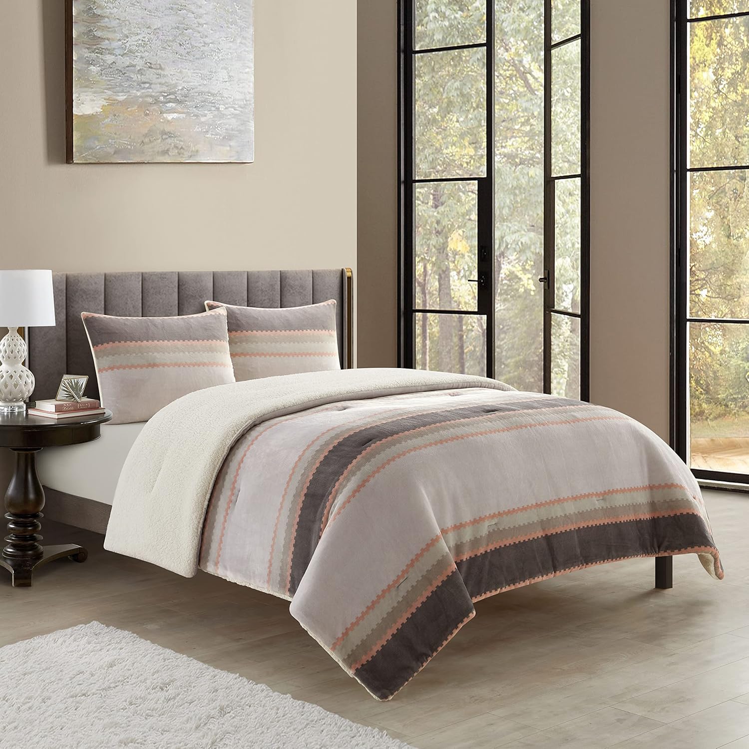 Stratford Park Ultra Soft Sherpa 3 Piece Comforter Bed Set, Grey, Queen, Flannel Striped