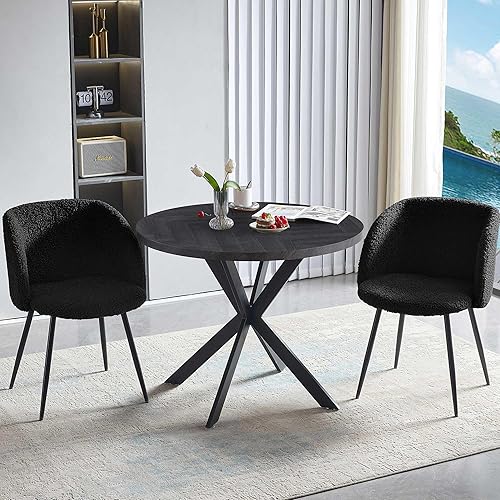 Miniatura 13 de NORDICANA Juego de mesa y sillas de comedor de 5 piezas, mesa redonda de 37 pulgadas de madera de ingeniería, sillas con tapizado de imitación