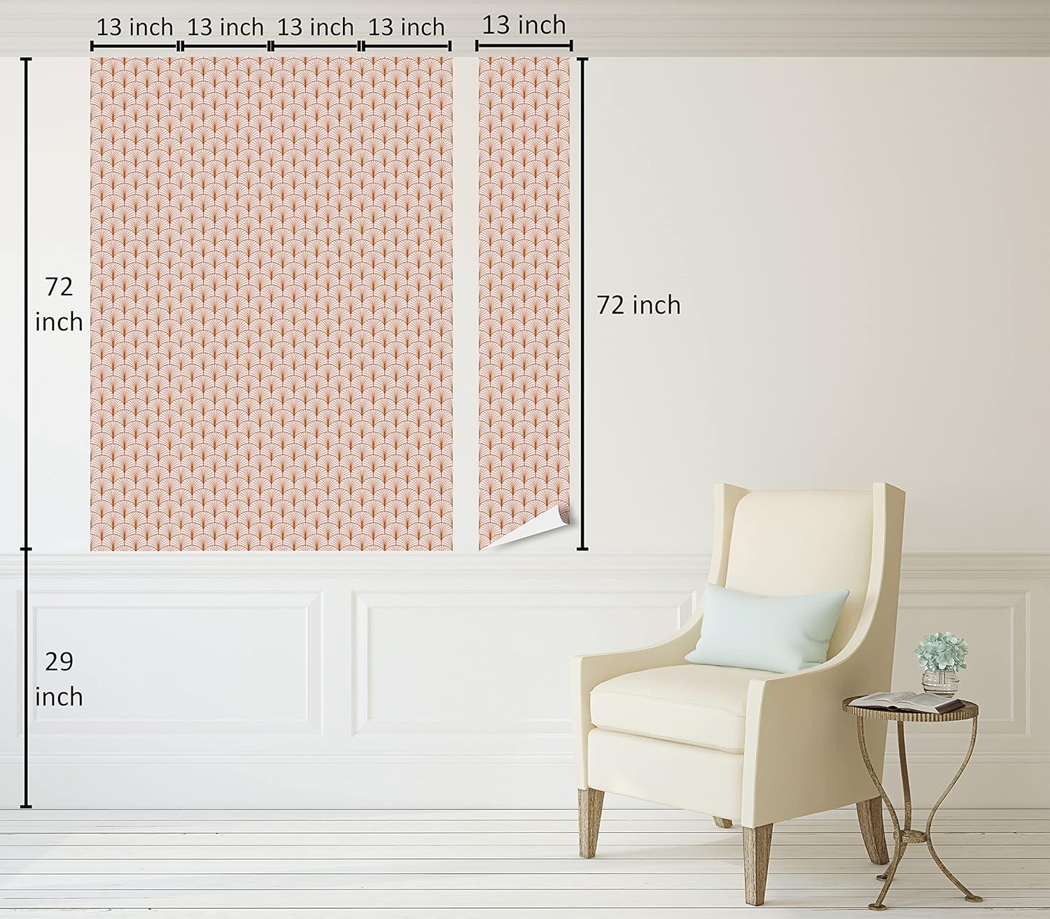 Ambesonne Blush Pink Peel & Stick Wallpaper for Home, Art Deco Style Geometric Vintage Repetitive Feathers Scale Motif Pattern, Self-Adhesive Living Room Kitchen Accent, 13" x 72", Ginger Blush