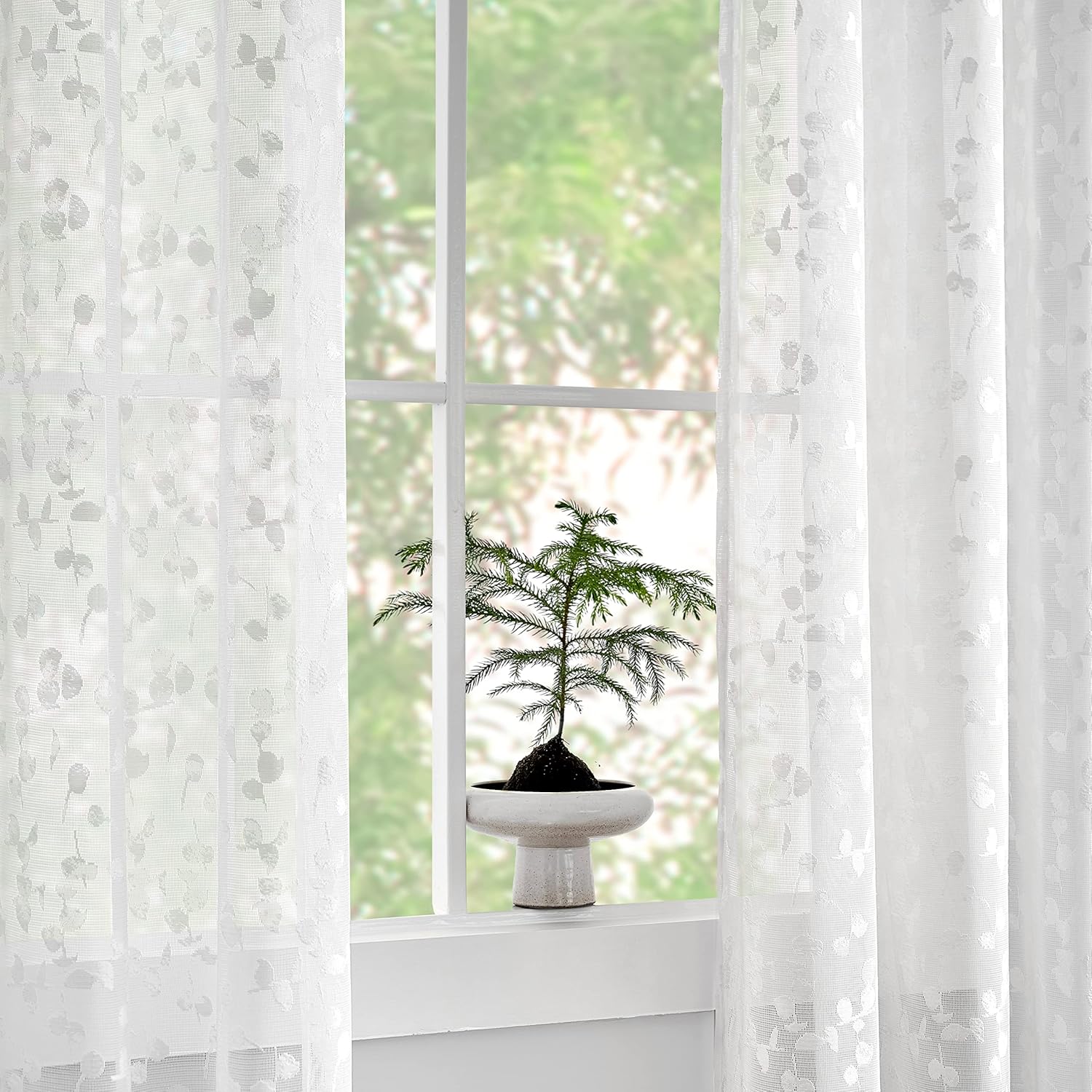 White Lace Sheer Curtain for Living Room Bedroom Leaf Buds Pattern Drapes Light Filtering Embroidery Elegant Window Treatment Sets for Basement Laundry Room Rod Pocket - Image 4