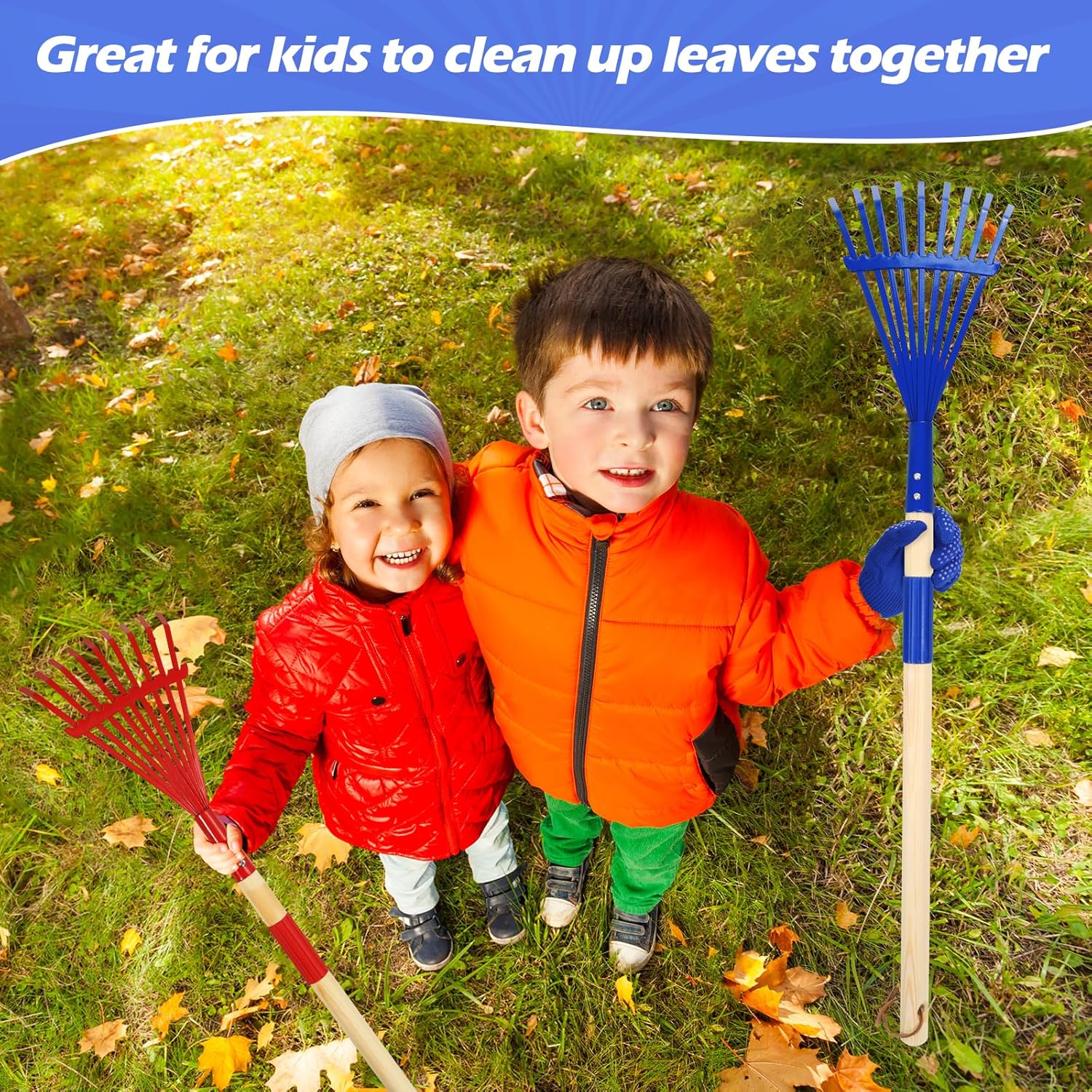 NNG 2 PCS 27" Metal Kids Leaves Rakes and 2 Pairs Kids Gloves,Small Kid Lawn Rakes with Wooden Handle,Garden Tool Set for Boys and Girls