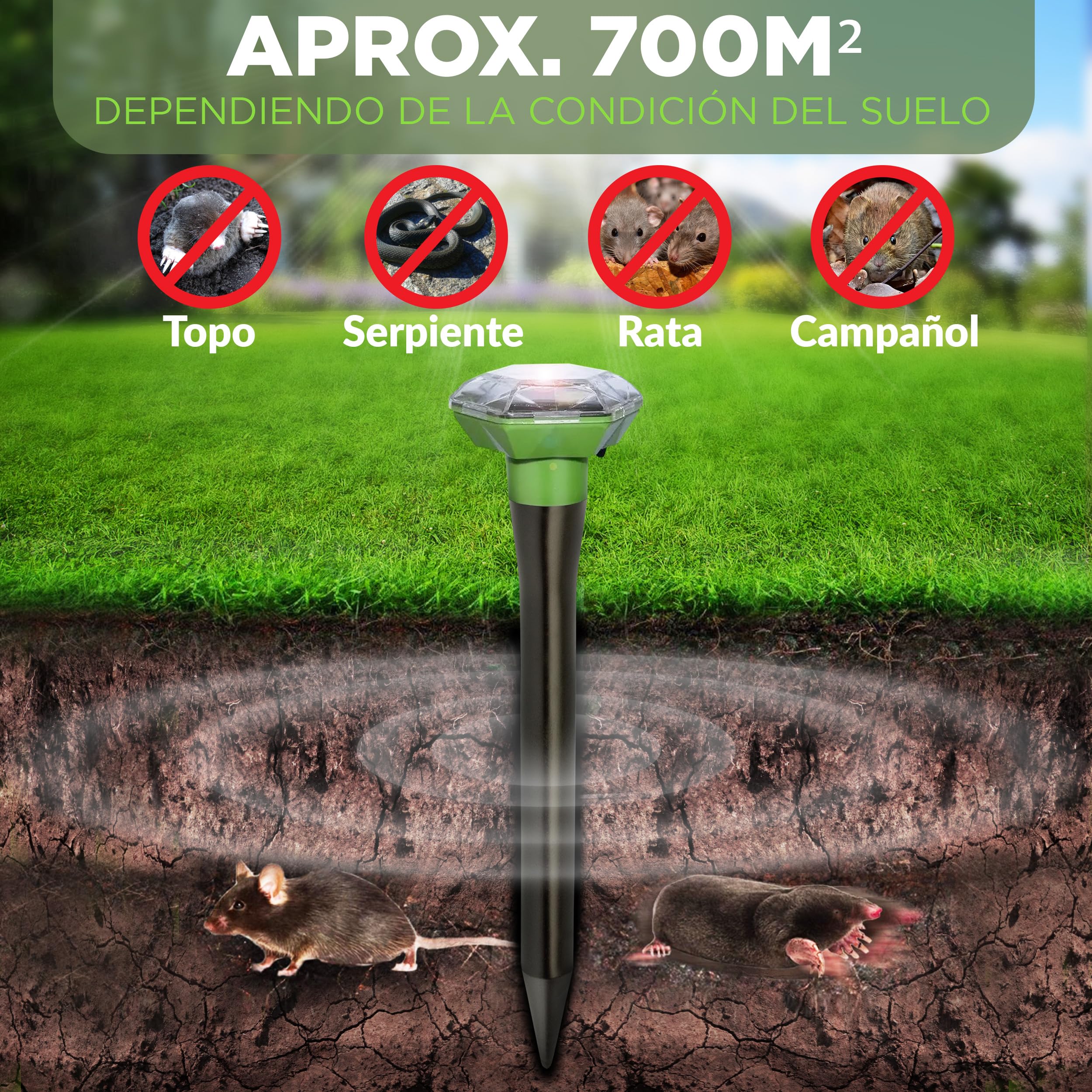 ISOTRONIC Repelente para Topos, topillos y Serpientes: Repelente Solar con estaca para jardín con Alcance Efectivo de 1000 m² (3 Unidades).