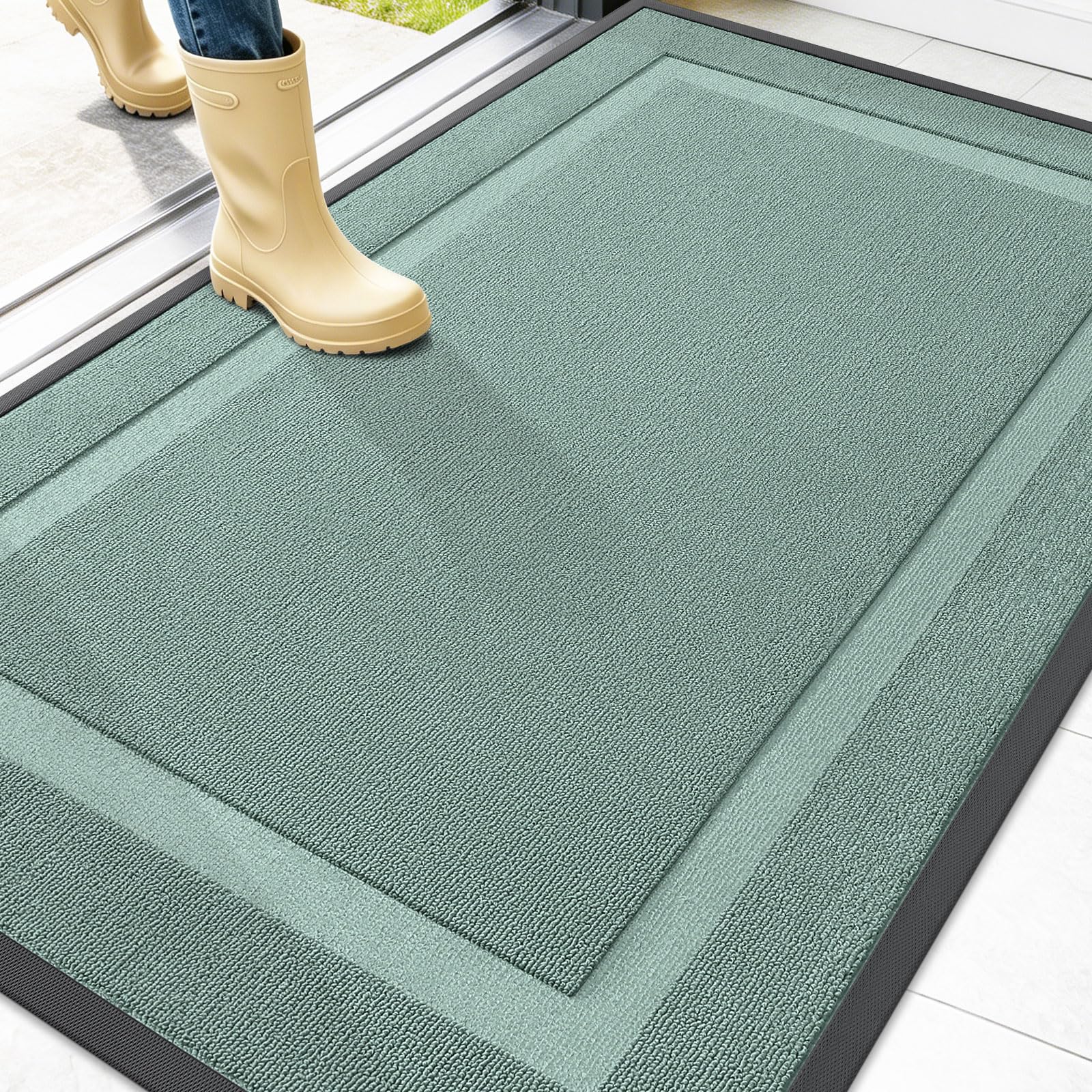OLANLY Front Door Mat Outside 47x32, All-Season Heavy-Duty Rubber Doormat | Grayish Green, Absorbent, Stain and Fade Resistant, Non-Slip Backing, Low-Profile Indoor Outdoor Floor Mat for Entryway