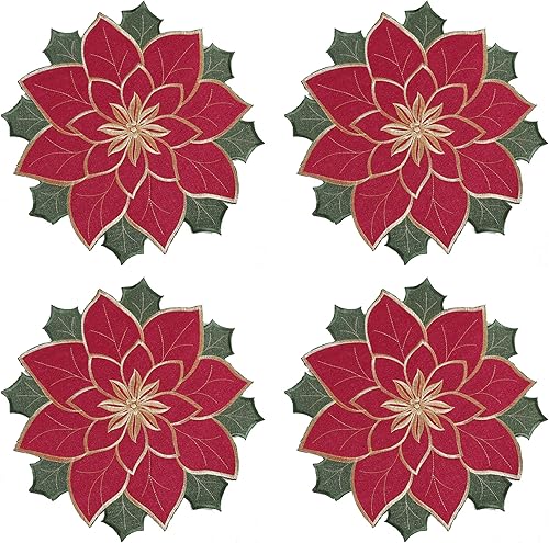 OWENIE Juego de 4 manteles individuales de Navidad, apliques bordados en rojo, 4 manteles individuales redondos de 15 pulgadas para decoración