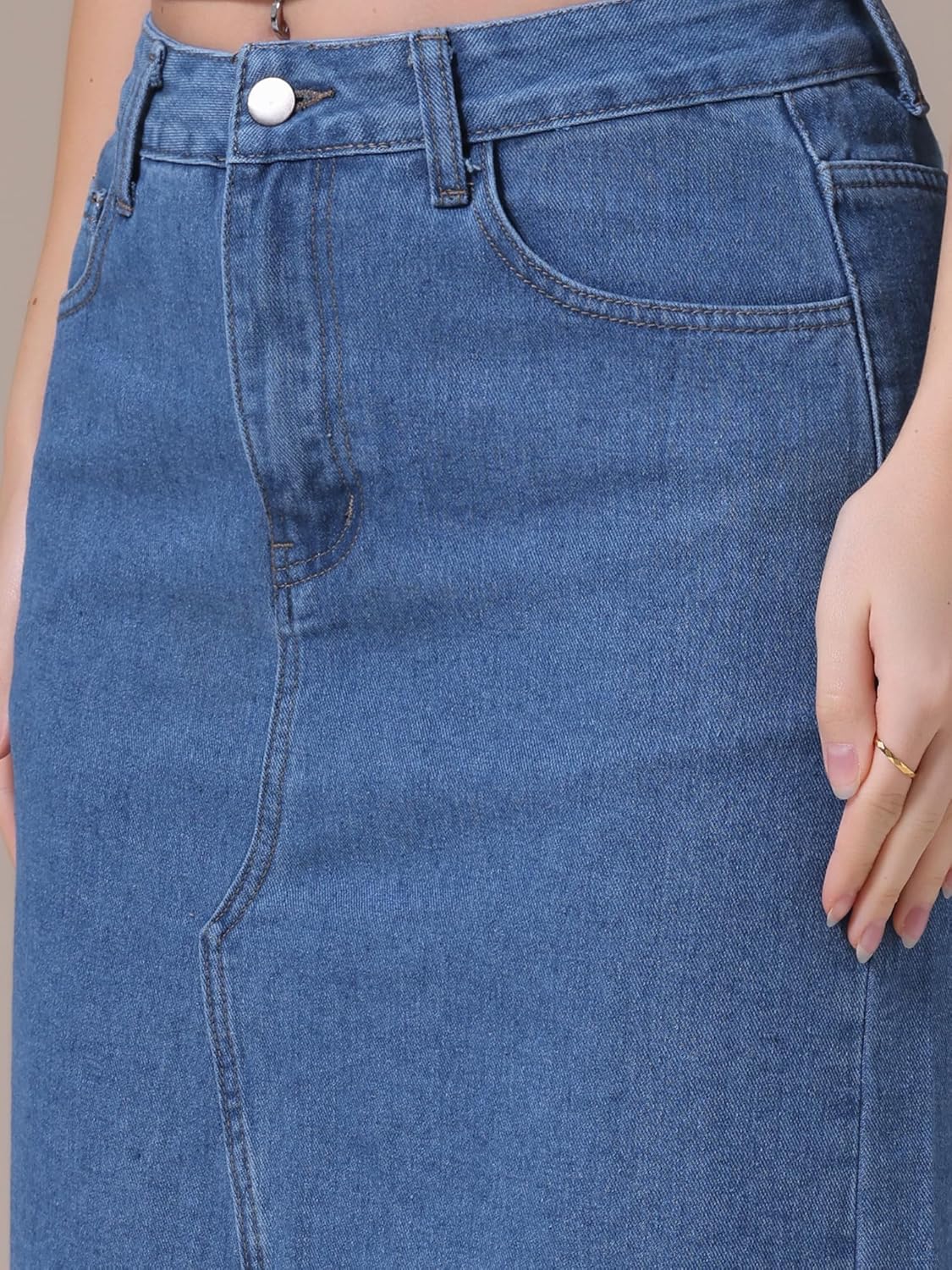 Women's Denim Skirt High Waist Front Slit Raw Trim Hem Pencil Skirt with Pockets Midi Jean Skirts - Image 5