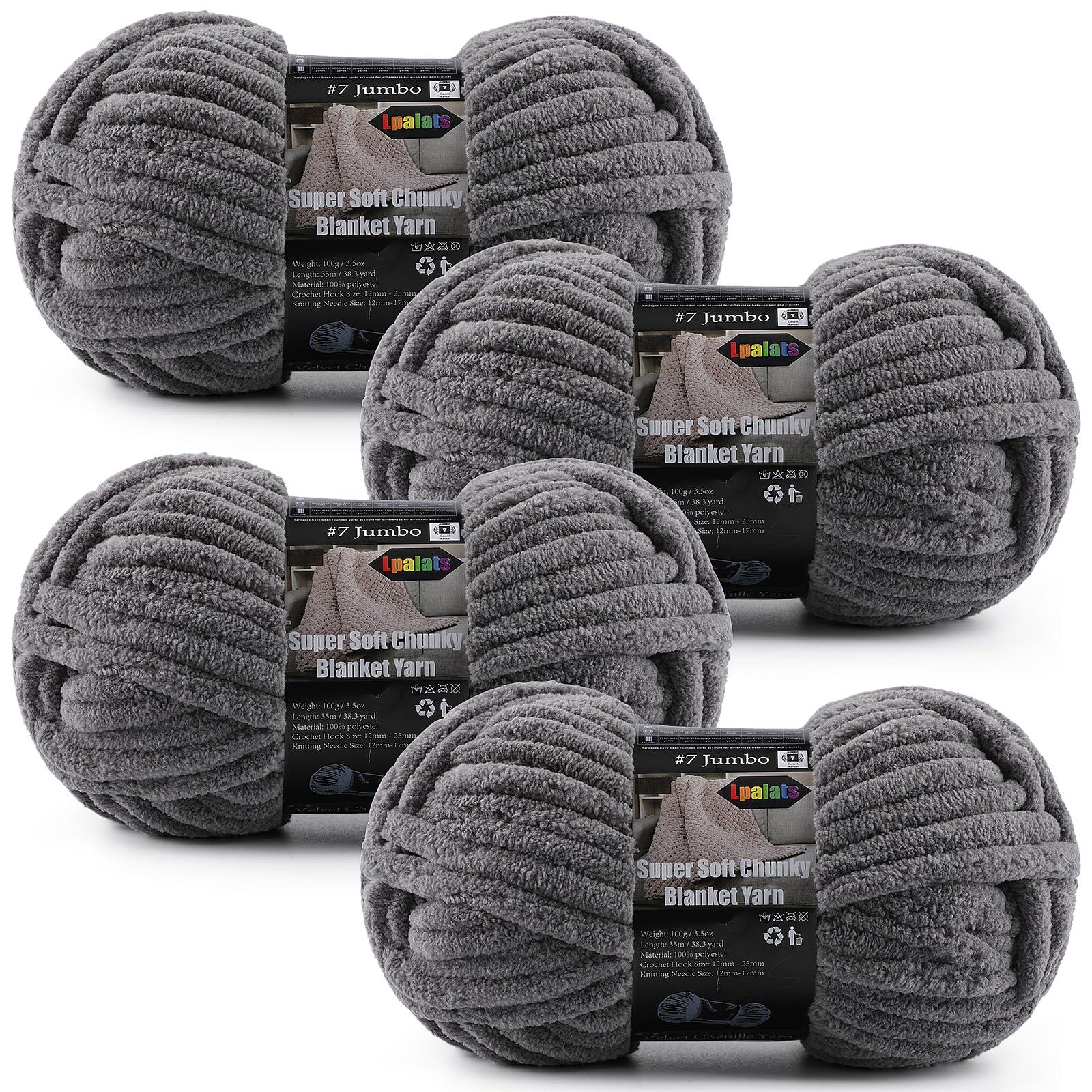 4-Pack Chunky Yarn for Crocheting Blankets &amp; Big Projects - 14oz/152.8yd Total, Ultra Soft &amp; Bulky Chenille Yarn, Perfect for Blankets, Amigurumi, Charcoal Gray