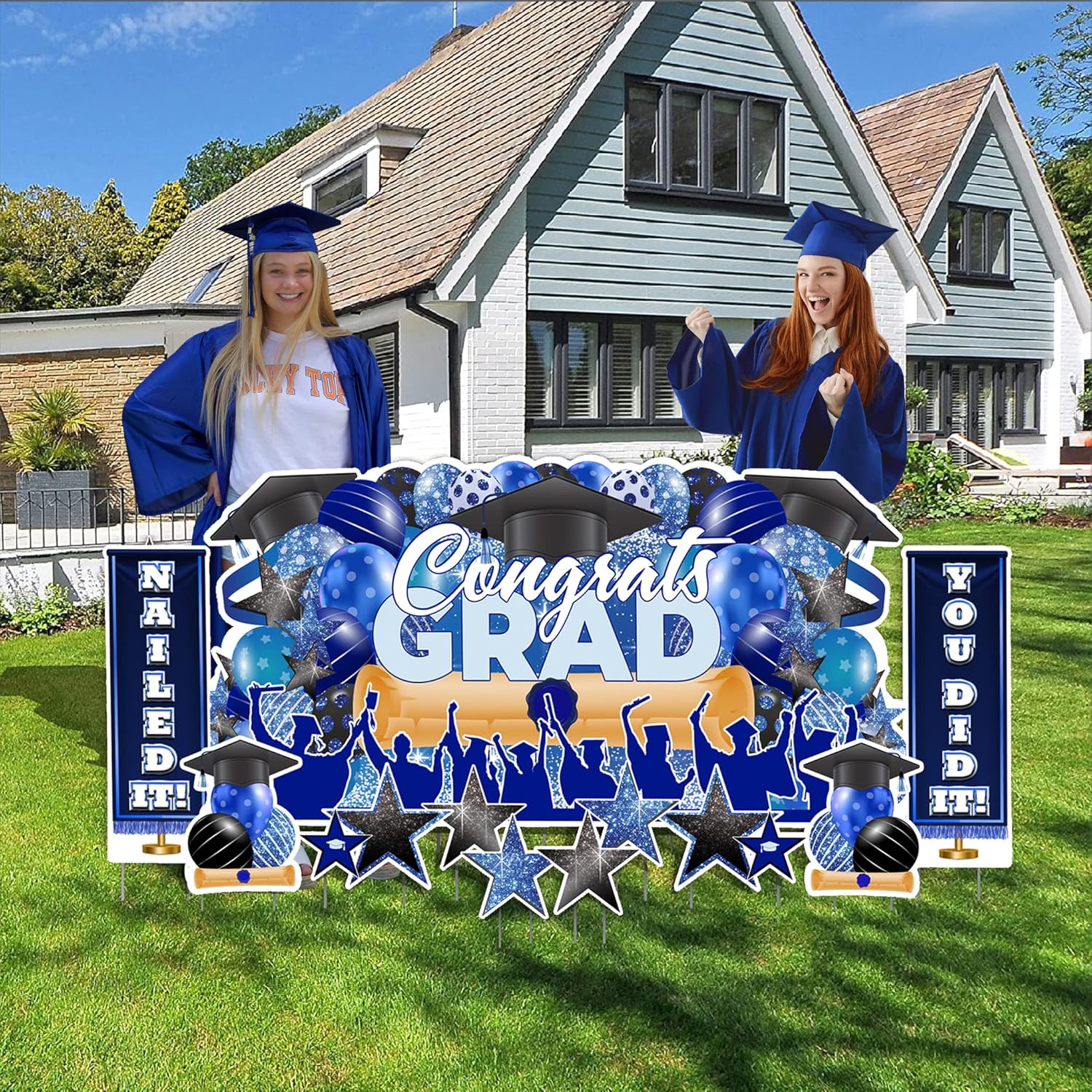VictoryStore Graduation Oversized EZ Yard Cards, Congrats Grad Sign 36x72 Inches, Waterproof Corrugated Plastic, Includes Stakes (Blue)