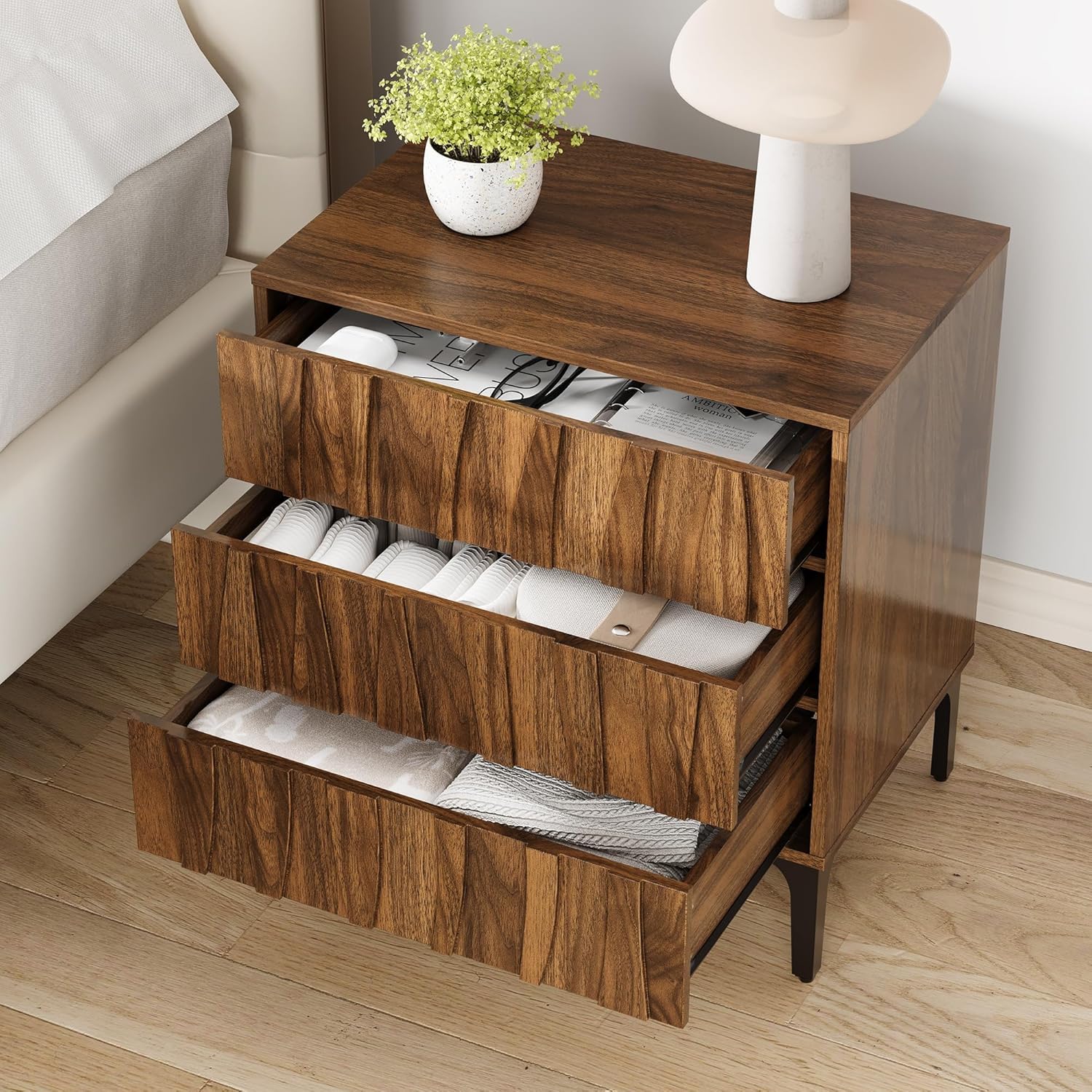 Mid-Century Modern Walnut Nightstand, 26" Tall 3 Drawer Bedside Table with Push-to-Open Handle-Free Design, 3D Wave Front & Metal Legs for Bedroom or Living Room