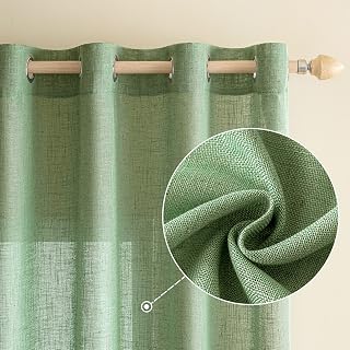 EMEMA Cortinas de Lino Cruzada Visillo Color Puro Translucido Moderno Decoracion Transparente para Ventana Sala Cuarto Dormitorio Comedor Cocina Salón 2 Hojas 140x160cm Verde