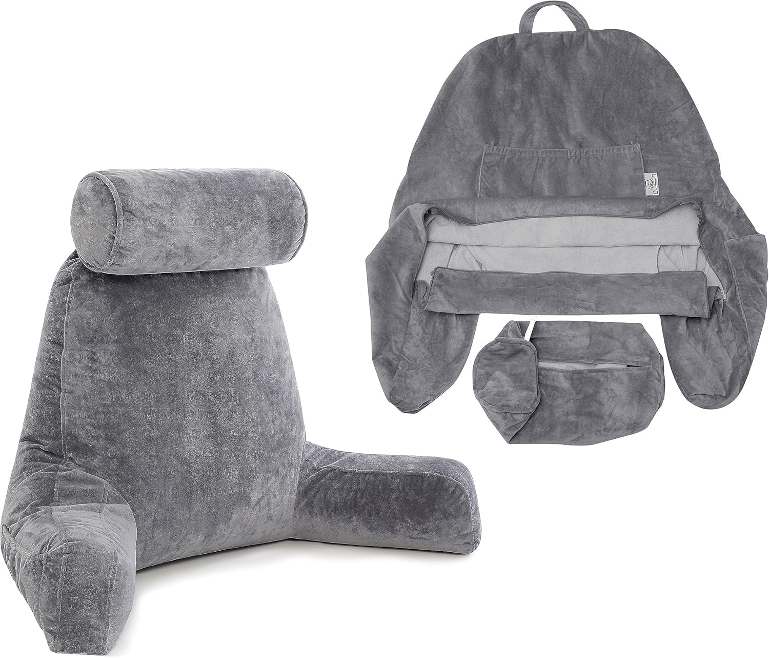 Husband Pillow Combo - XXL Cover Dark Grey & Backrest Pillow with Arms : Dark Grey - Bed Rest Reading Pillowcase & Memory Foam Reading Pillows for Bed w/Removable Neck Roll