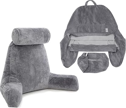 Husband Pillow Combo - XXL Cover Dark Grey & Backrest Pillow with Arms Dark Grey - Bed Rest Reading Pillowcase & Memory Foam Reading Pillows for Bed w/Removable Neck Roll