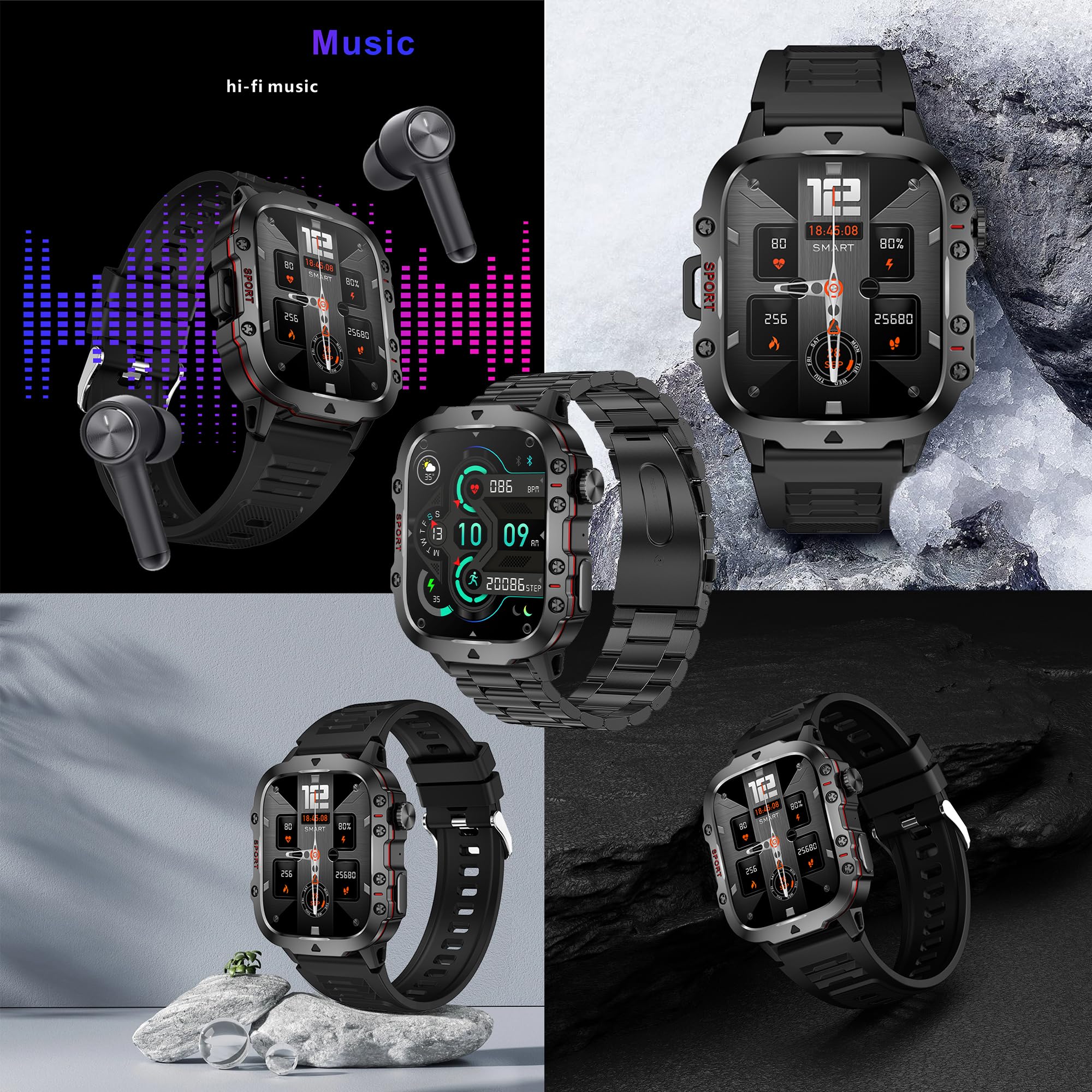 Montre Connectée Homme avec Appels Bluetooth, 1,96'' Smartwatch Diamond avec 100+ Modes Sportifs/SpO2/Fonction Féminine/Lecteur de Musique/Fréquence Cardiaque/Sommeil/pour Android iOS (Brun)