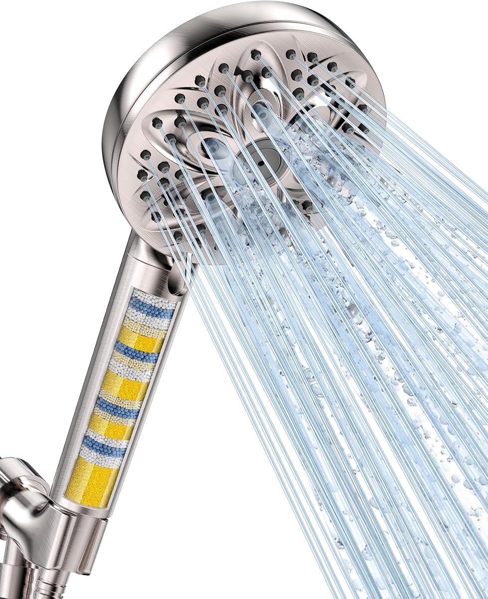 6-Setting Filtered Handheld Shower Head, JDO High Pressure Shower Head with Replaceable Filter Cartridge 4.7 Inch Detachable Showerhead for Chlorine Hard Water Removal 59 Inch Stainless Steel Hose