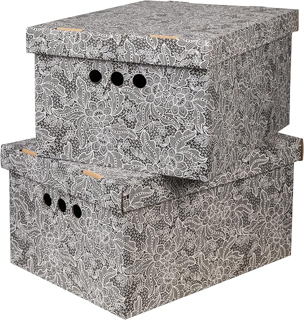 Cardboard Storage Boxes with Lid, Decorative Wardrobe, Closet, Home & Office Organiser with Handle, Flat-Packed, Stackable File Box, Gift for Adults & Kids, Set of 2, Large - Black Laces