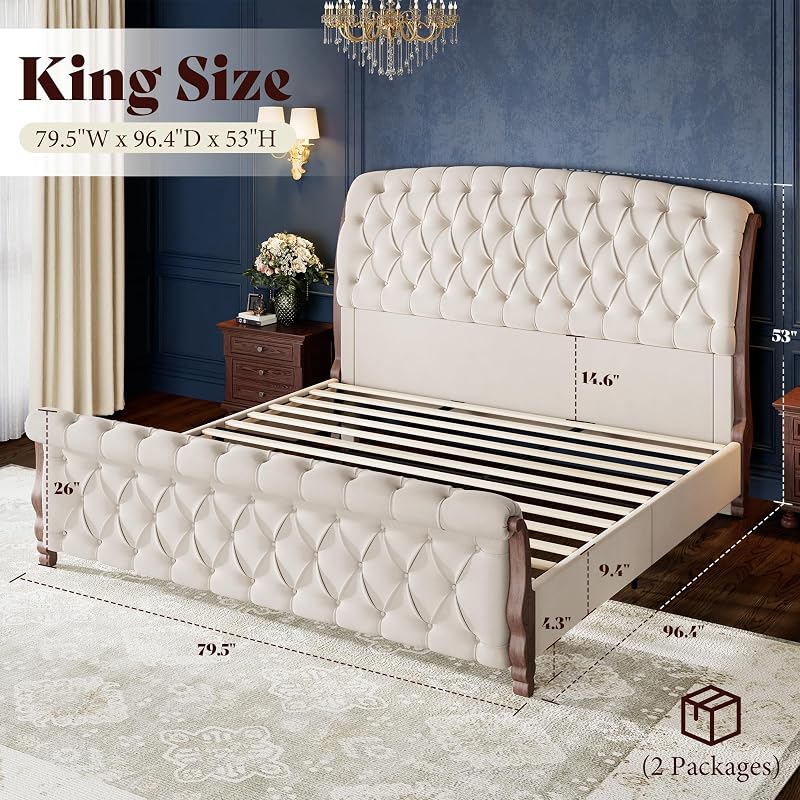AMERLIFE King Sleigh Bed Frame, Upholstered Tufted Headboard, Cream image 2