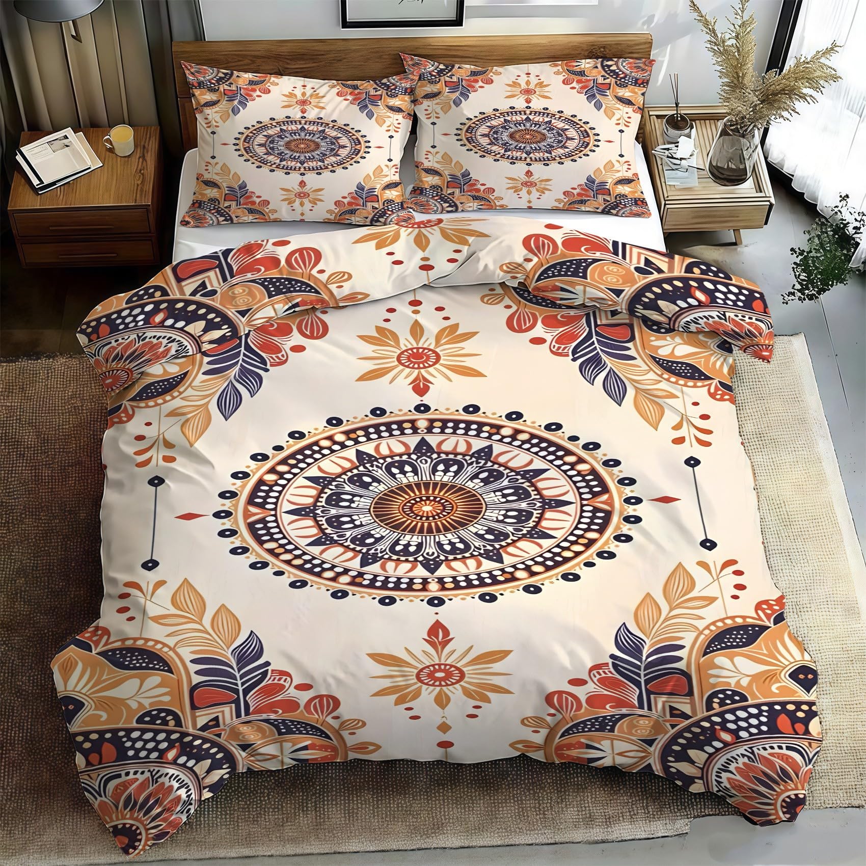 Copripiumino Matrimoniale 240x220 Piante geometriche Mandala etnico Biancheria da Letto Morbido Microfibra Copri Piumone e 2 Federe Abbinate, con Zip PA2975