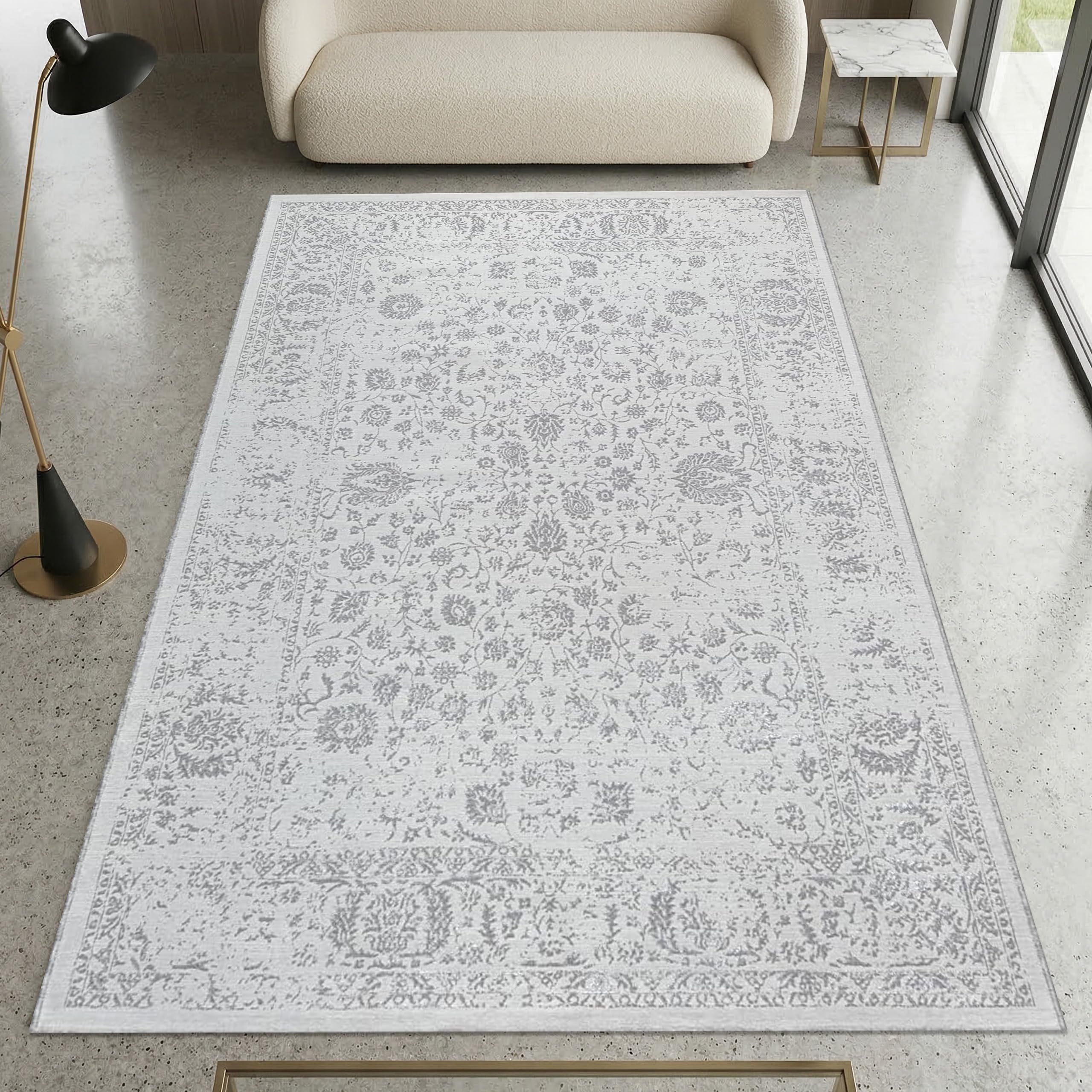 Tapis de couloir vintage ornement argenté 80 x 300 cm idéal pour sols froids