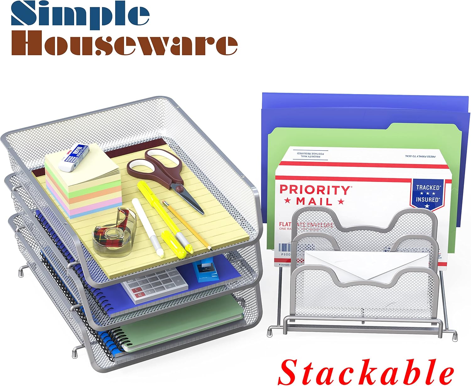 SimpleHouseware 3-Pack Stackable Desk File Document Letter Tray w/ 5 Compartments Step File Organizer, Silver