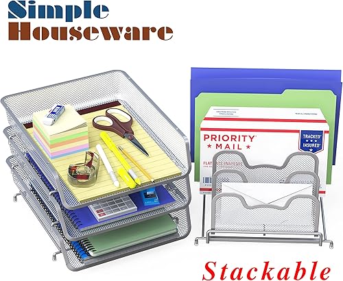 Miniatura 3 de SimpleHouseware - Paquete de 3 bandejas apilables para documentos de escritorio con 5 compartimentos, color plateado
