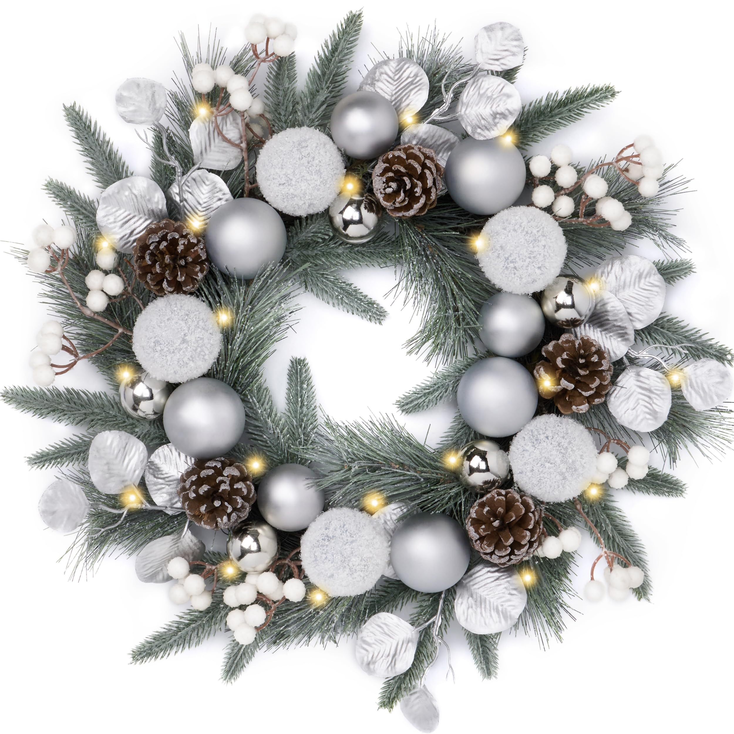 Couronne de Noël pré-éclairée pour porte fenêtre et cheminée avec déco boules argentées