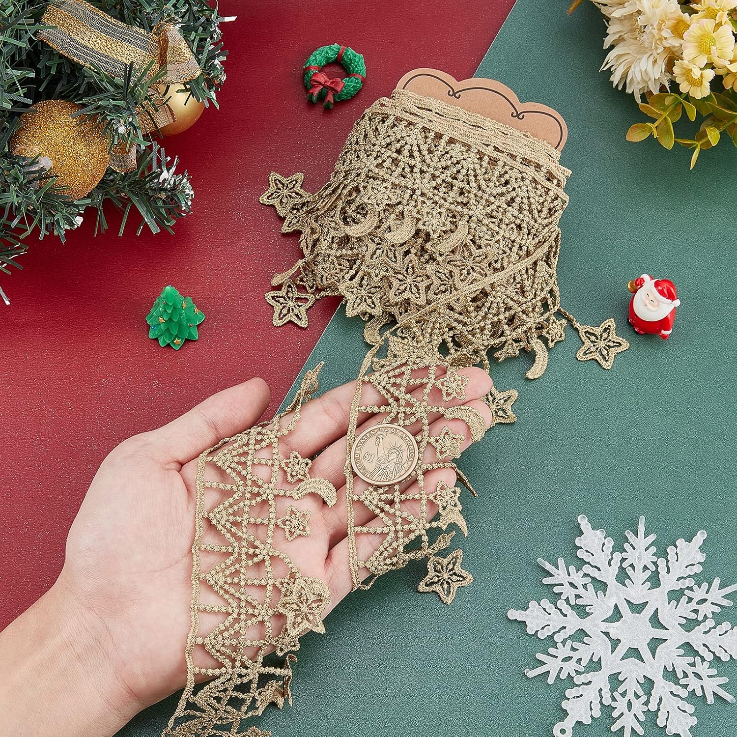 PH PandaHall 5 Yard Metallic Polyester Golden Woven Gimp Braid Trim 2.8 Inch Embroidery Braid Lace Trim Moon Star Edge Decorative Ribbon for Home Decoration DIY Crafts Sewing Jewelry Making