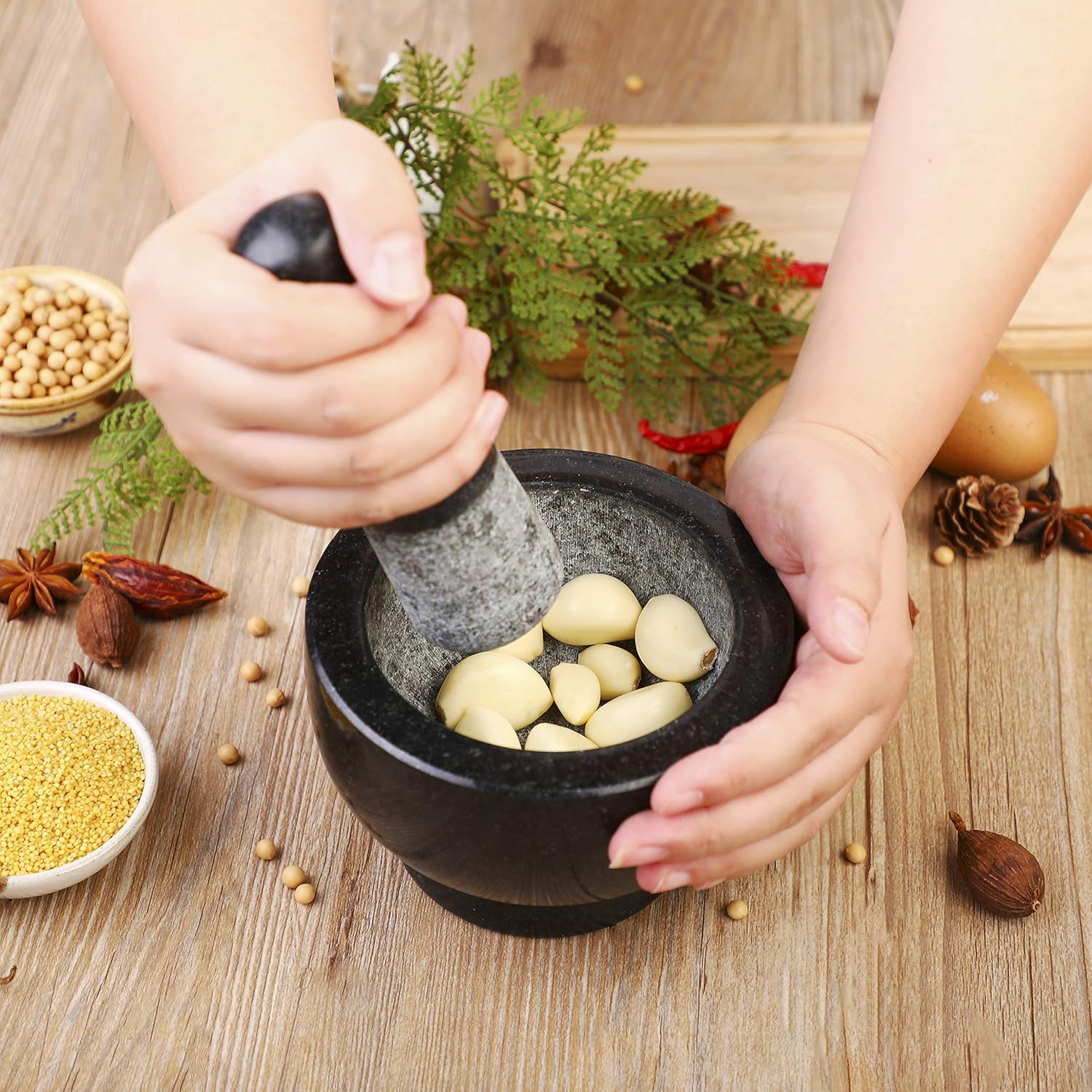 Mortar and Pestle Set Natural Granite Guacamole Molcajete Bowl for Kitchen Herbs Pestos and Spices Grinder Include Non-Slip Silicone Mat Spoon Brush 5.1inch (13x9cm, Polished) : Home & Kitchen