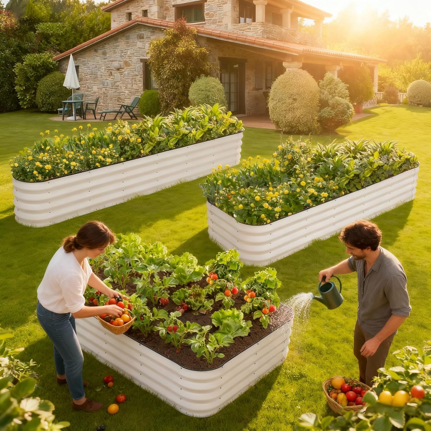 GoCampDriect 4IN1 Raised Garden Bed - 5x3x1ft Galvanized Raised Garden Boxes Outdoor Corrosion Resistant | Variable Shape 6x2x1ft Metal Raised Garden Beds for Planting Vegetable, Herb,Fruits,White