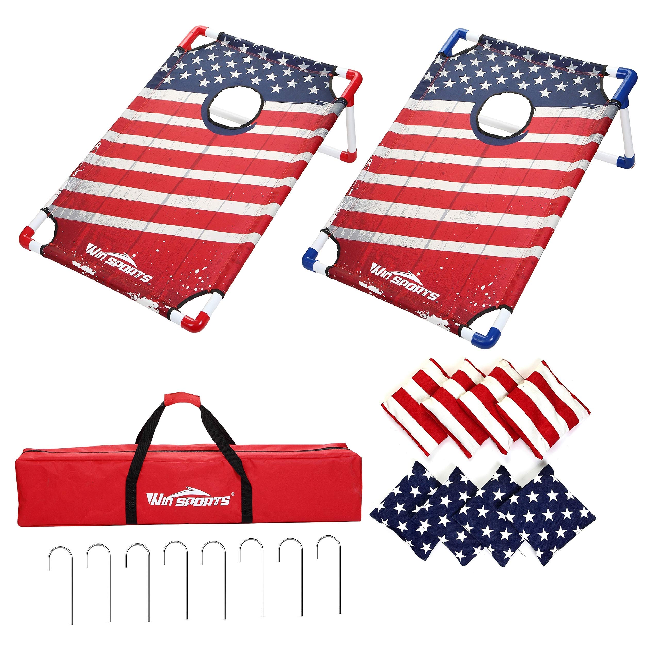WIn SPORTS Portable Cornhole Toss Game Set Bean Bag Toss Assemble PVC Framed Cornhole Game Set with 8 Bean Bags,8 Metal Stakes and Carrying Case 3' x 2' (Flag Design)