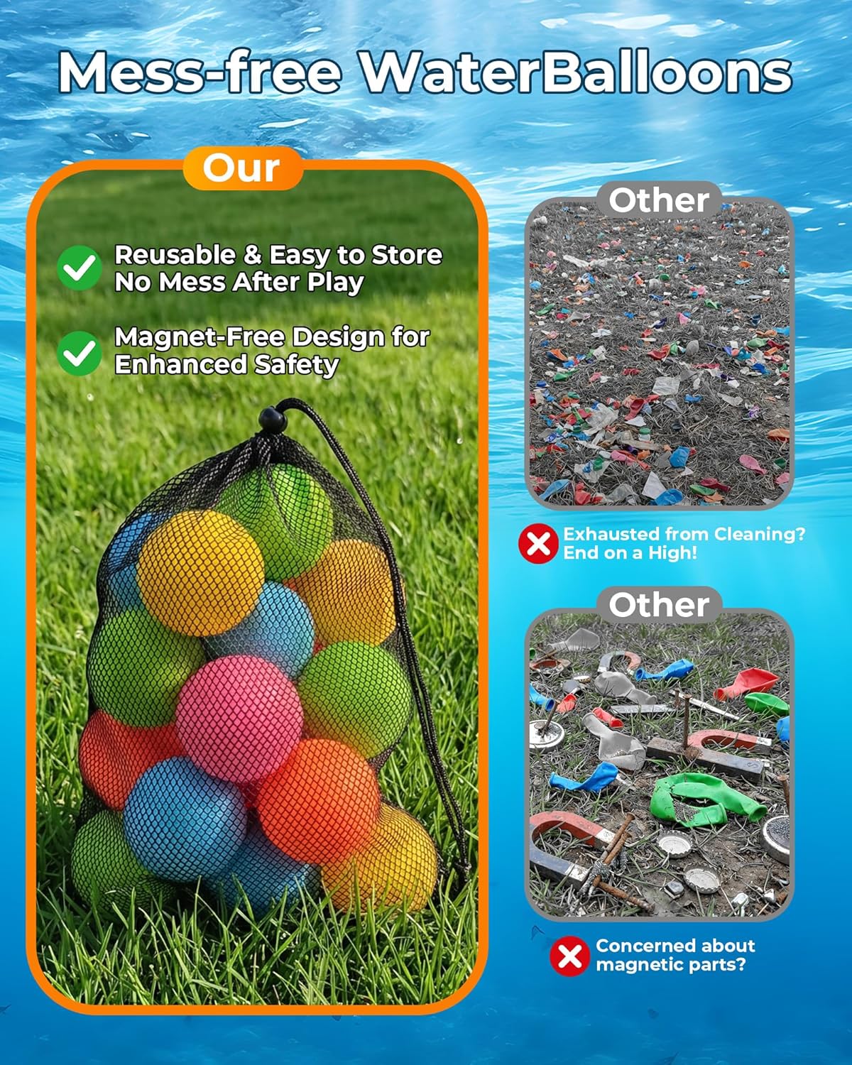 20Pcs Reusable Water Balloons for Kids & Family Outdoor Play – Quick Fill, Soft Silicone, Easy to Collect, No Magnets, Perfect for Yard, Pool Beach Games, Summer Water Toys