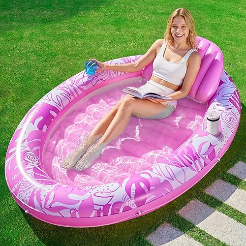 SLOOSH Inflatable Tanning Pool Lounger Float, 70" x 50" Pool Floats Adult with Pillow, 4 in 1 Oval Suntan Tub Raft Floatie,Sunbathing Bed Lounge for Water Blow Up Ball Pit Party Gifts