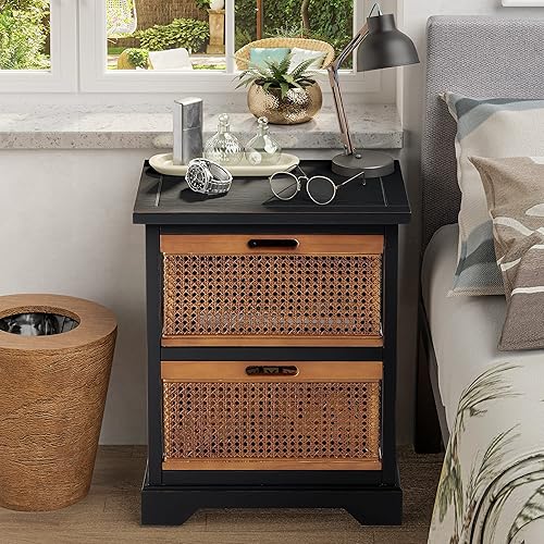 Miniatura 6 de COZAYH Mesita de noche de ratán de granja con 2 cajones de cesta tejida mesa de noche de almacenamiento de ratán totalmente montada para dormitorio