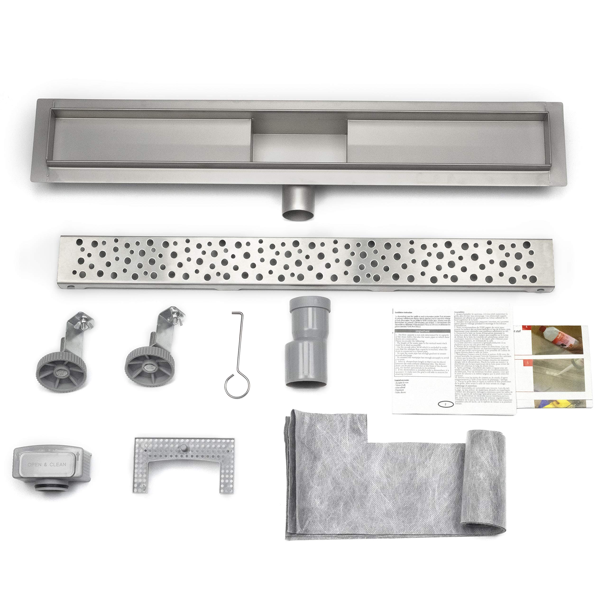 Canalina Doccia In Acciaio Inox 80 Cm Con Sifone Antiodore - Scarico A Pavimento Per Bagno, Completo Di Griglie E Fissaggi