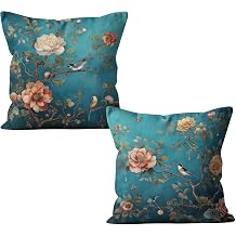 Teal Chinoiserie Floral Bird Pillow Covers 18x18 Set of 2, Cottagecore Room Decor, Rustic Farmhouse Flower Bird Decorative Throw Pillow Covers Pillowcases for Living Room Home Bedroom