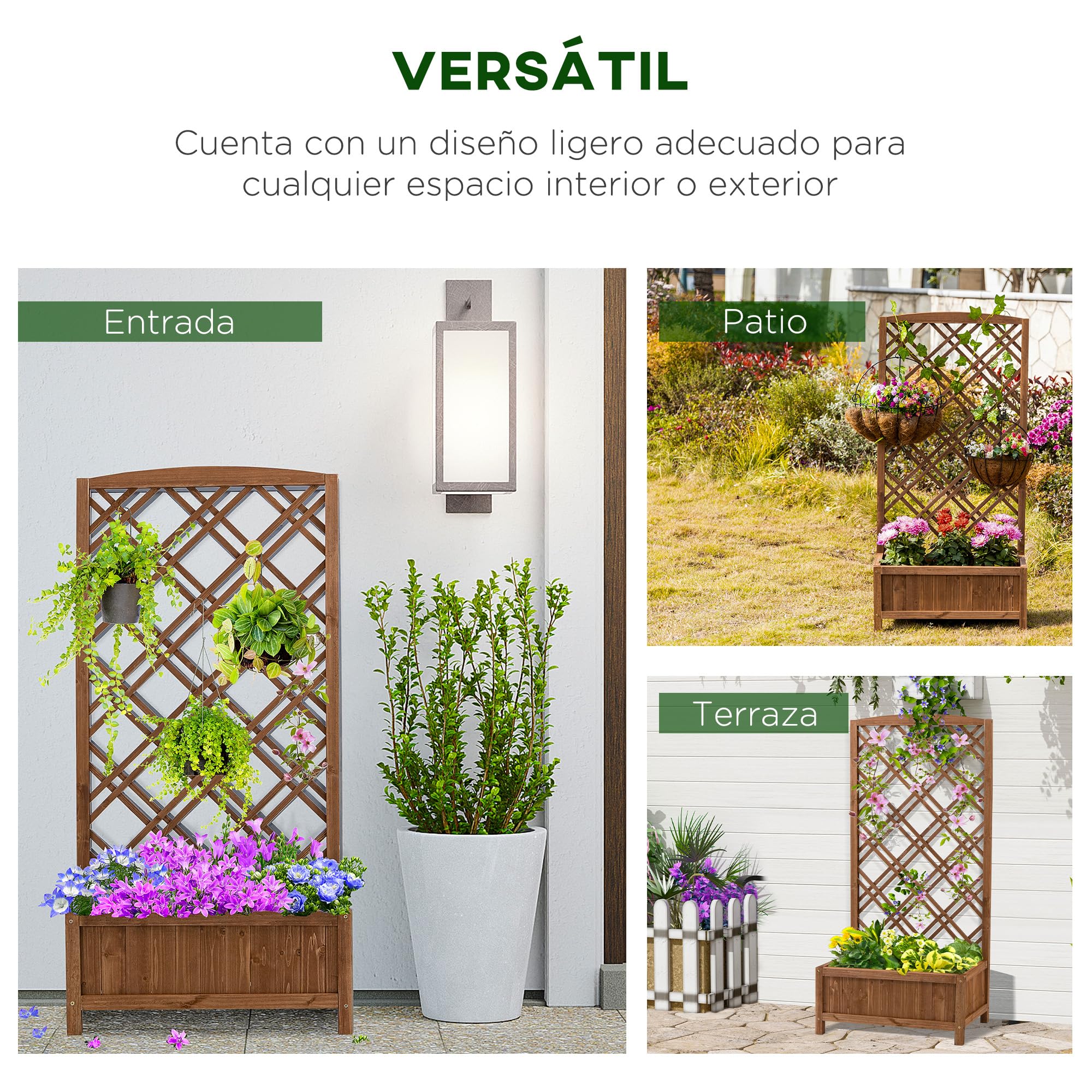 Outsunny Jardinera con Enrejado Jardinera con Celosía de Madera Macetero con Soporte para Trepadora Cultivos Plantas en Exterior Terraza Jardín Balcón 60x30x122,5 cm Natural