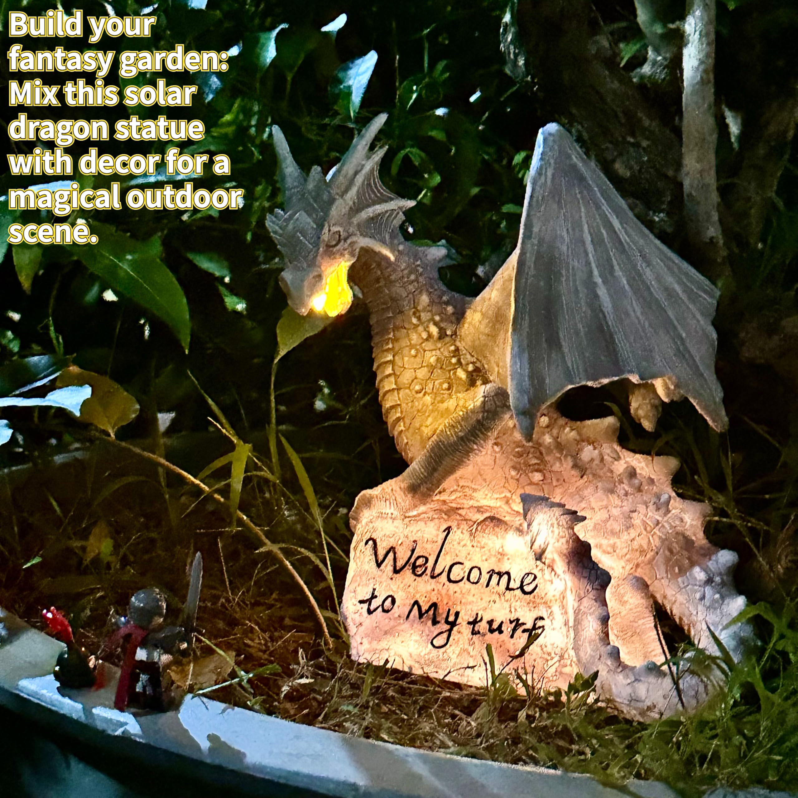 Estatua de dragón grande de jardín, funciona con energía solar, decoración de luz para exteriores con letrero de bienvenida a mi césped, escultura de resina, decoración del hogar, adorno de