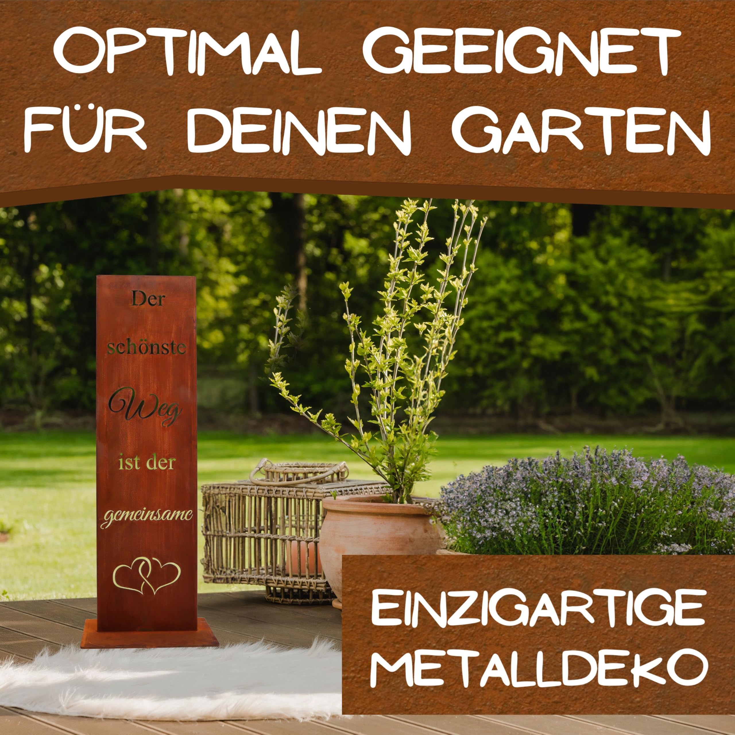 Rostikal Deko Gartenschild 55 cm – Wetterfestes Vintage Spruchschild für Hochzeit, Garten und Terrasse – Romantische Rost Deko und Geschenkidee - Handmade