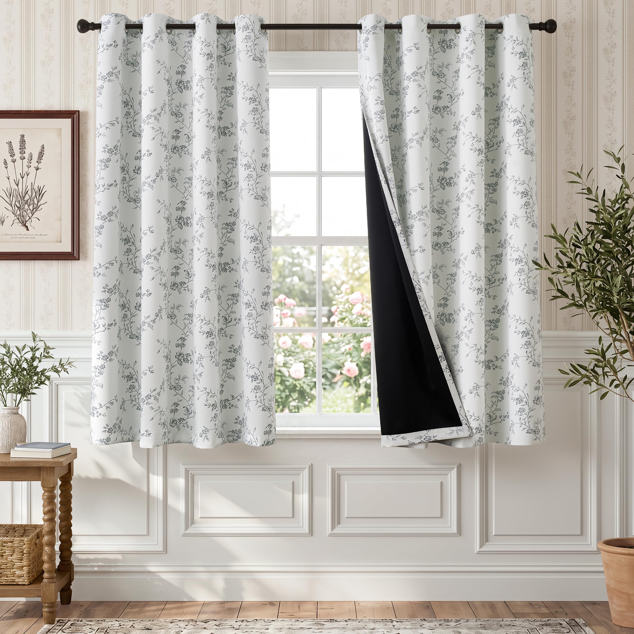 TOPICK Floral 100% Blackout Curtains for Bedroom Living Room W52xL63 Grey
