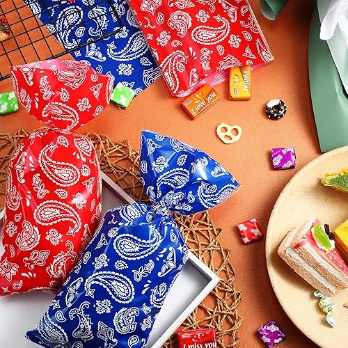Miniatura 4 de Sumind 100 bolsas de plástico para dulces de color rojo y azul occidental, bolsas de celofán con 100 lazos plateados para niños, suministros de