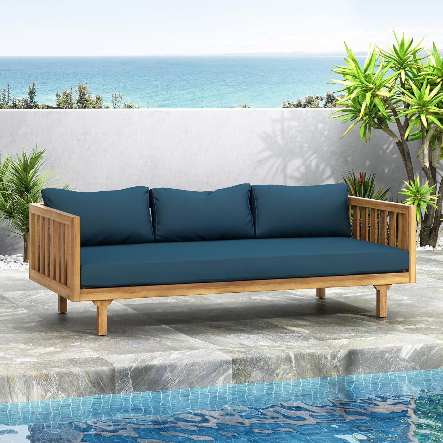 LUMISOL Outdoor Acacia Wood Daybed, Patio 3-Seater Sofa with Water-Resistant Cushions, Patio Conversation Set Outdoor Daybed with Wooden Armrests for Backyard, Deck, Poolside, Teak Blue
