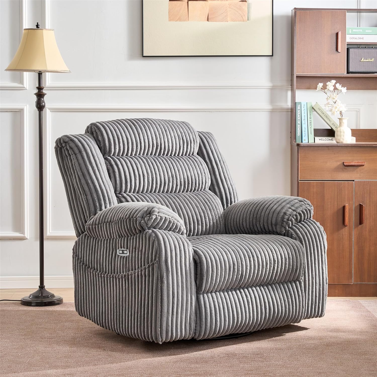 Power Swivel Rocker Recliner with Massage and Heat for Adults, Plush Corduroy 270° Swivel Glider Rocking Chair with USB and Type-C Ports for Nursery, Living Room, Bedroom, Apartment