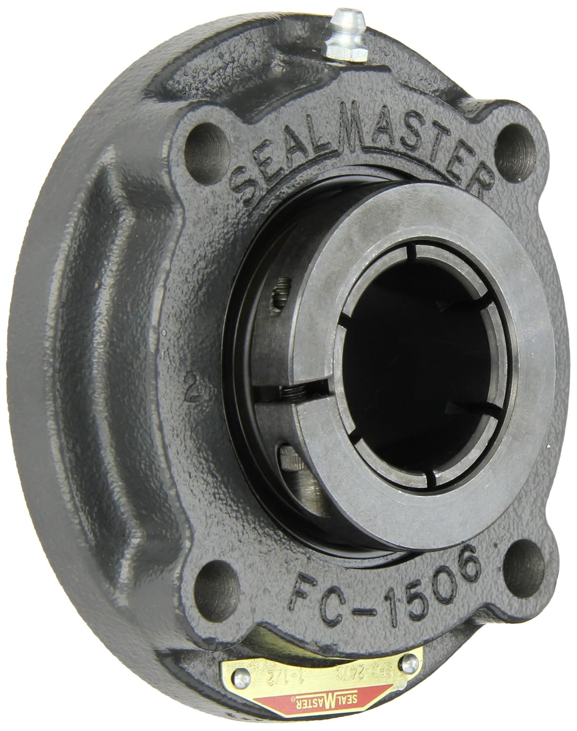 Sealmaster SFC-24TC Standard Duty Piloted Flange Cartridge Unit, 4 Bolt, Regreasable, Contact Seals, Skwezloc Collar, Cast Iron Housing, 1-1/2" Bore, 5-1/4" Overall Length, 3-3/32" Bolt Hole Spacing Width, 7/16" Flange Height