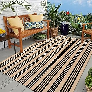 OJIA Outdoor Patio Rug 5'x7', Black and Tan Striped Outdoor Rugs Machine...