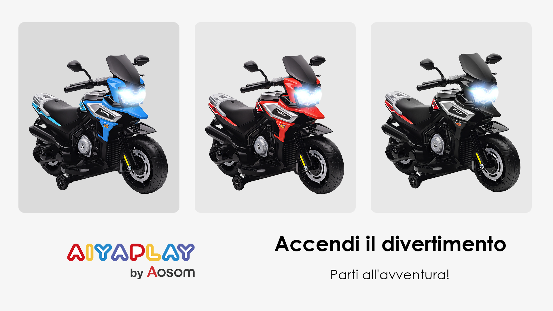 Moto elettrica per bambini AIYAPLAY, moto per bambini a 12V con musica, veicolo per bambini a 6 km/h con ruote di allenamento staccabili, pneumatici