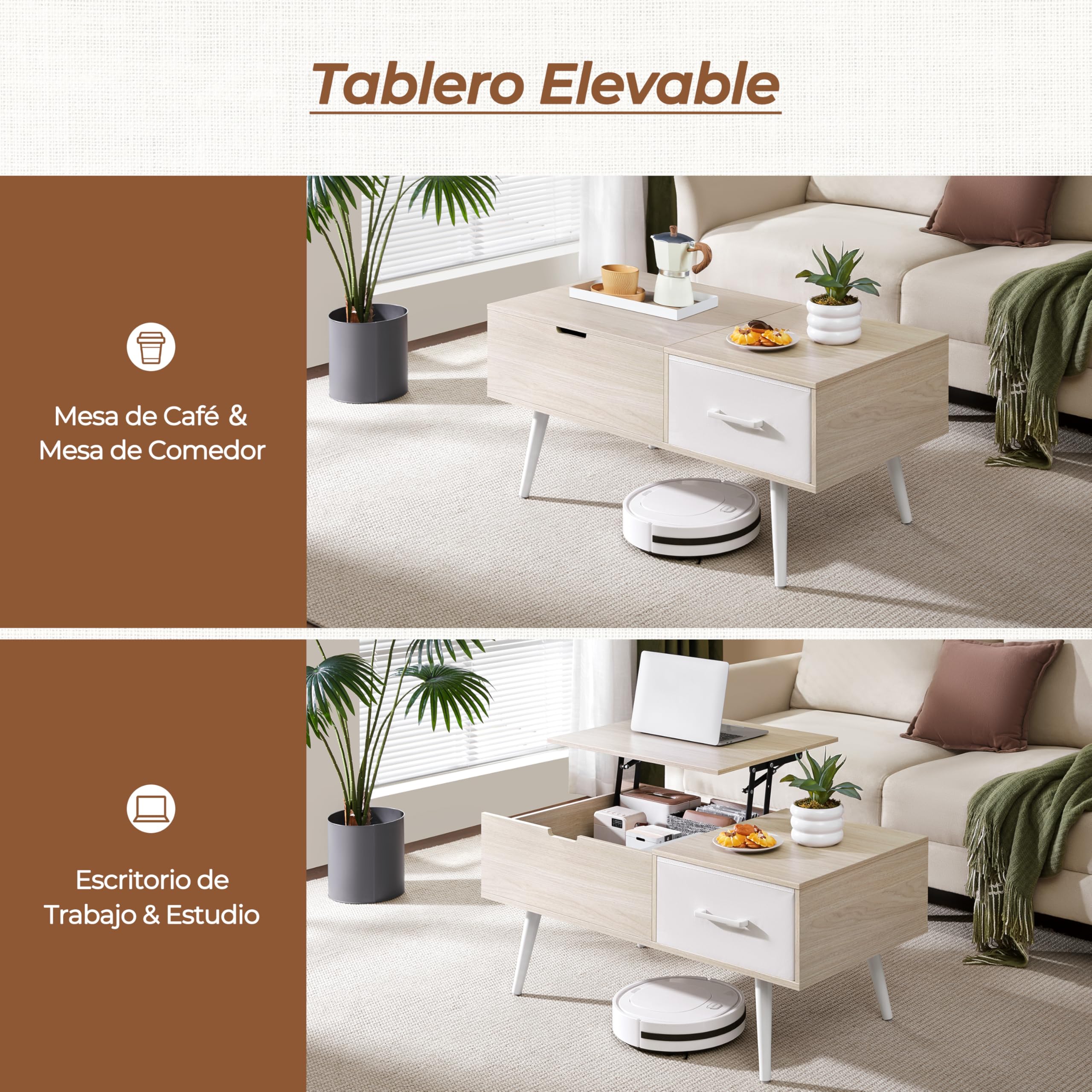 Yaheetech Mesa de Centro Elevable 100x50x45-59cm con Almacenamiento | Lateral y Oculto,Equipada de 1 Cajón y Patas de Madera para Salón y Cocina